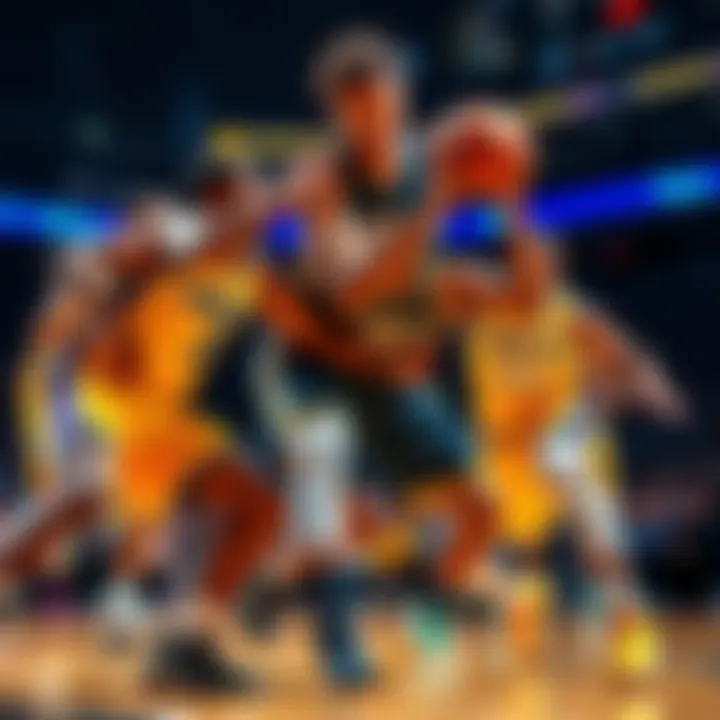 Players from the Denver Nuggets and Los Angeles Lakers compete for the ball during an intense basketball game.