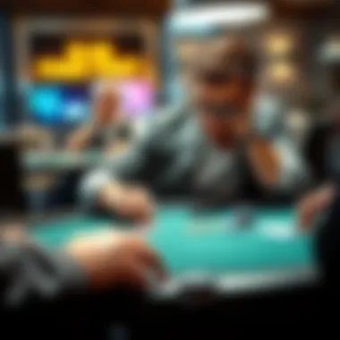 A person in office attire focusing on a poker game at a table, showing a mix of concentration and stress relief after work.