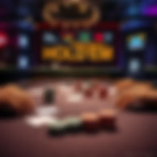 A table with cards and poker chips, showing the game of Hold'em being played.