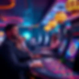 A vibrant scene of people enjoying blackjack and slot games in an offshore casino setting.