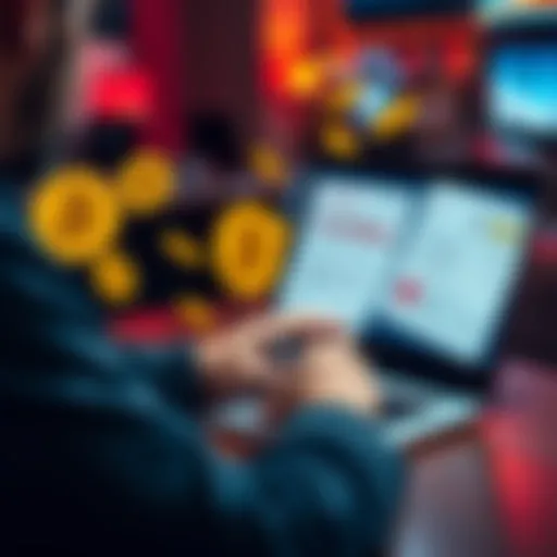 A person using a laptop to gamble online, with Bitcoin symbols and tax documents visible on the screen.