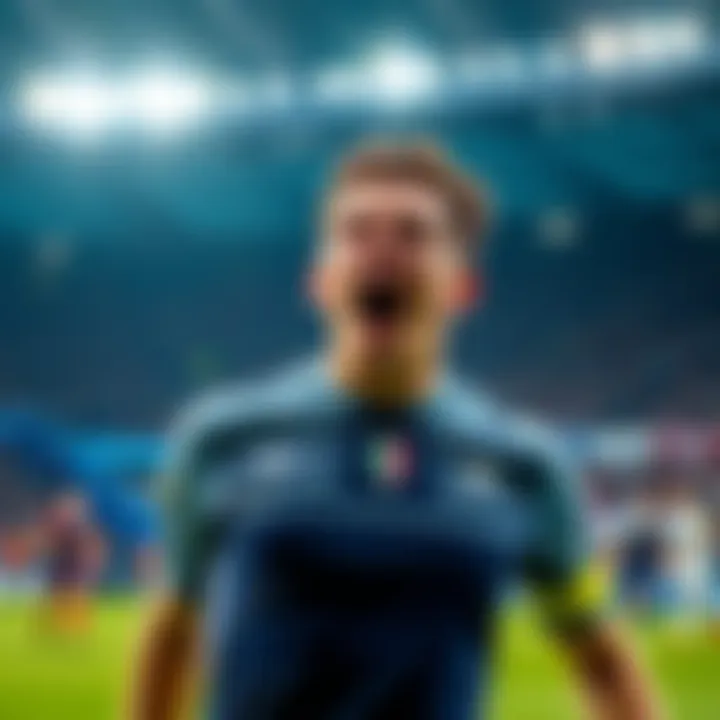 A soccer player reacts in surprise to an offside call during a match, showing intense emotions on the field.