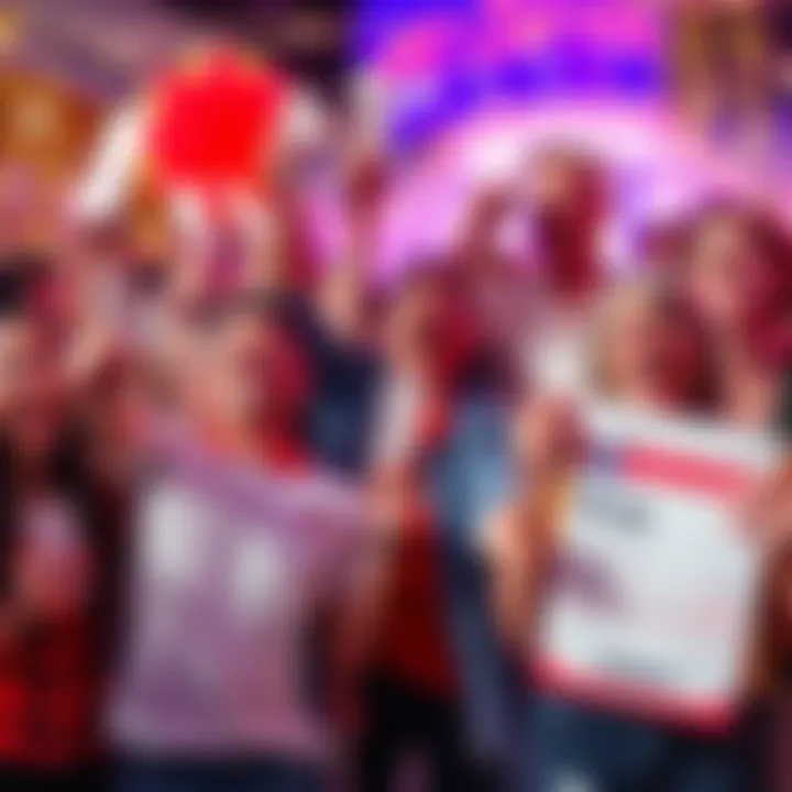 A group of joyful people celebrating their lottery wins, holding up their tickets with big smiles in a festive atmosphere.