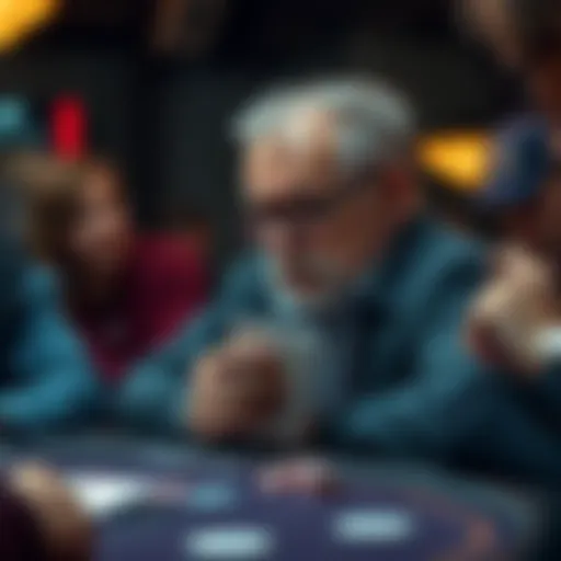 An older male poker player looking frustrated at a poker table surrounded by younger, more aggressive players, showing his cards and thinking carefully about his next move.