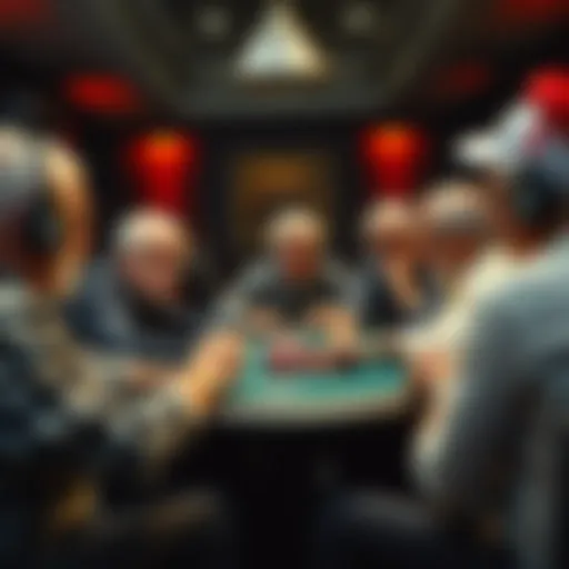 A group of older and younger players seated at a poker table, showing tension and disagreement during a game