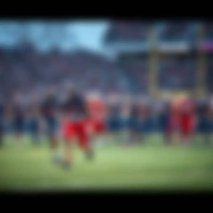 Ole Miss football players wearing blue and red uniforms during a game in November, showing teamwork and determination on the field.