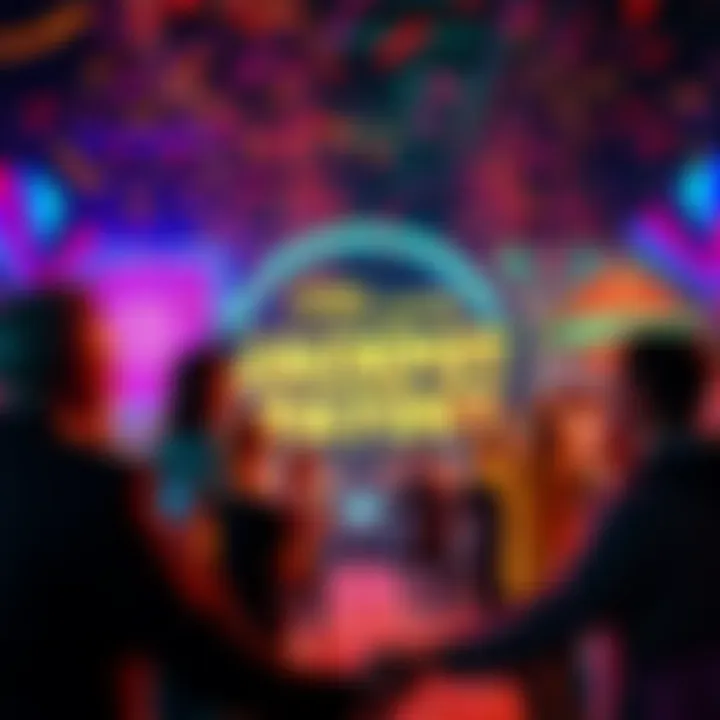 A celebration scene featuring confetti and excited people discussing strategies for using bonuses after a jackpot payout.