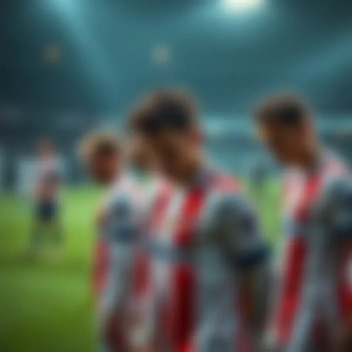 Olympiacos football team displaying frustration after a match defeat, with players looking downcast and reflective on the field