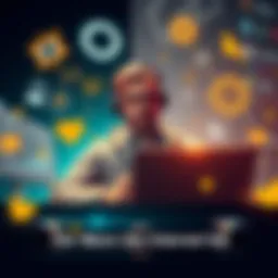 A figure named OMC confidently using a laptop with various internet tools around him, showcasing his skills and knowledge about the Internet.