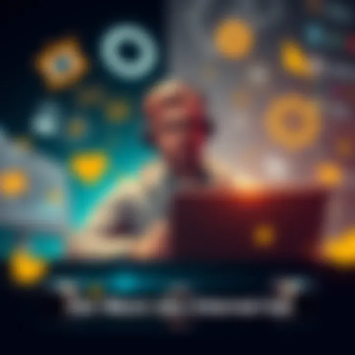 A figure named OMC confidently using a laptop with various internet tools around him, showcasing his skills and knowledge about the Internet.