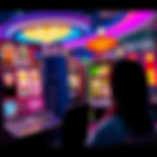 A screenshot of an online casino game showing various slot machines and a player engaged in gameplay.