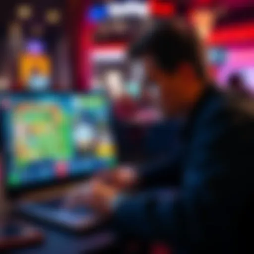 A person playing online casino games on a laptop, looking focused and engaged, with a colorful screen showing gaming graphics.