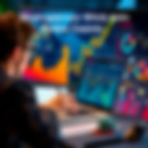 A person analyzing online marketing strategies for an online casino on a laptop, surrounded by charts and graphs.