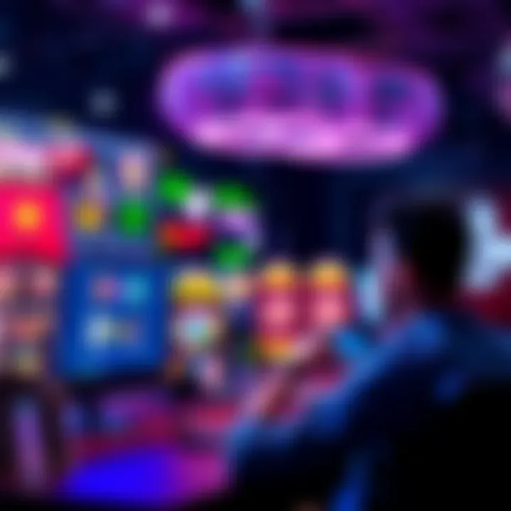 A visual representation of an online casino with software elements and user discussions about RTA software legality, showing a player thinking and a computer screen with casino games.