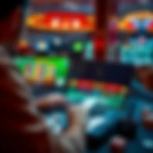 A person playing at an online casino, featuring games like slots and poker, with a laptop and gaming accessories on a table.