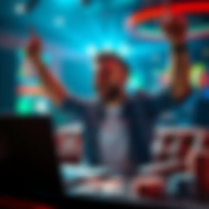 Online gambler celebrating a win A person celebrating after winning money while playing online casino games with a laptop