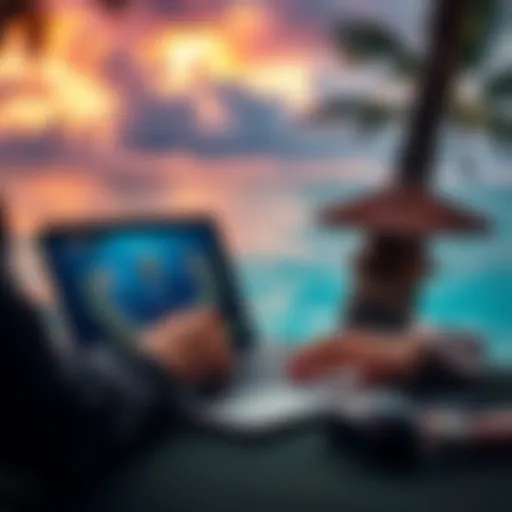 A person playing blackjack on a laptop with a tropical beach background, representing offshore online gambling.