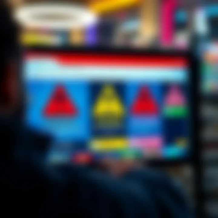 A computer screen displaying online gambling sites with warning signs about phishing and privacy risks.