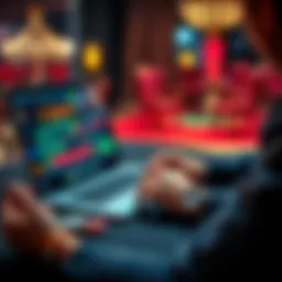 A person playing online casino games on a laptop with poker chips and cards around them