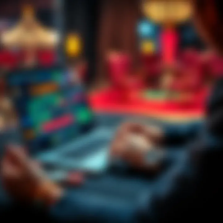 A person playing online casino games on a laptop with poker chips and cards around them