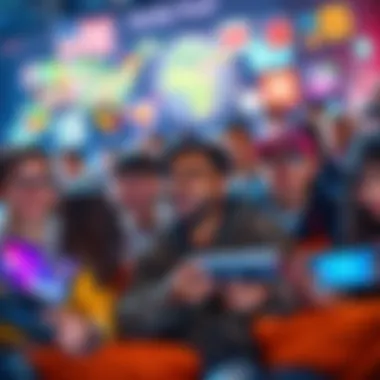 Online Gaming in America A group of diverse people playing video games on their devices, showcasing popular gaming apps and platforms in the background.