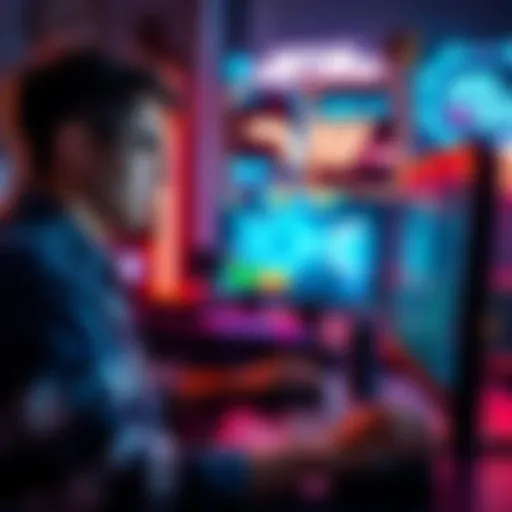 A person sits at a computer, looking frustrated while playing an online game with flashing lights and graphics on the screen