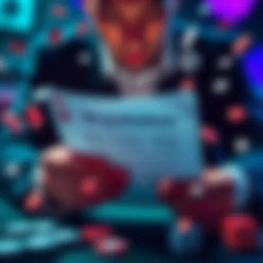 A person reading a document about online gaming laws, surrounded by gaming icons like dice and cards