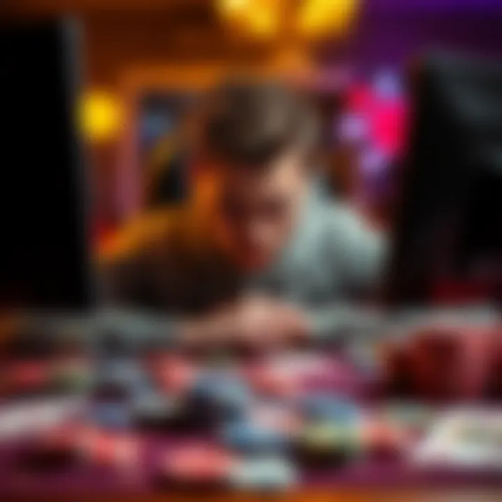 A person looking stressed at their computer while playing GGPoker, with poker chips and cards scattered on the table