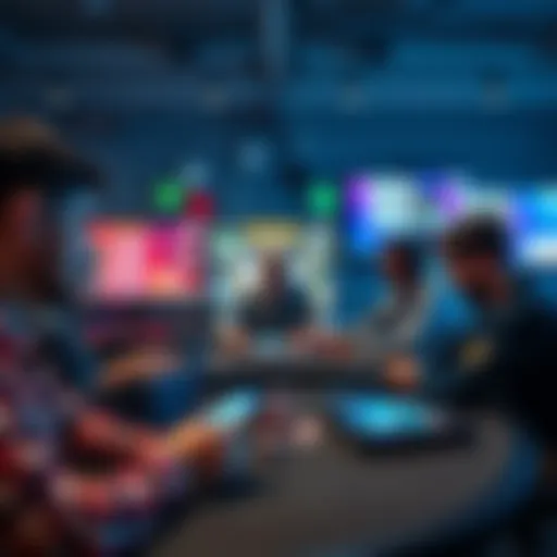 A group of people playing online poker on computers and tablets, discussing their favorite platforms, with poker chips and cards visible on the screen.