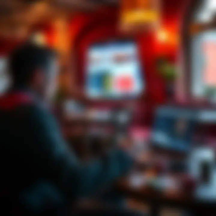 A player at a laptop engaging in an online poker game, with a focus on Winamax platform while in a cozy German café setting.