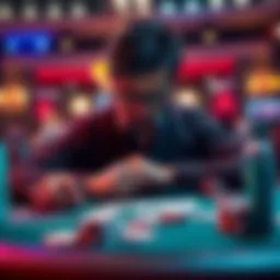 A player looking at a poker table with suspicious cards and chips, showing signs of manipulation.