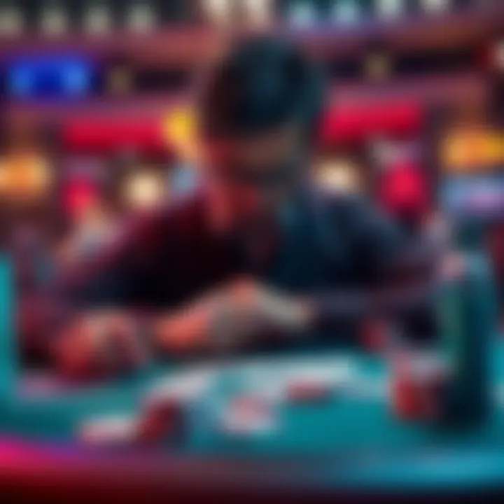 A player looking at a poker table with suspicious cards and chips, showing signs of manipulation.