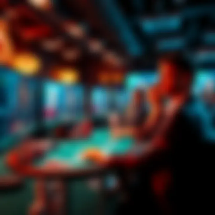 A lively online poker game with players at their screens, showcasing cards and chips.