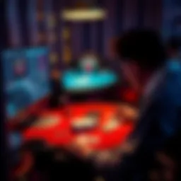 A person playing blackjack on a computer at home, with cards and chips visible