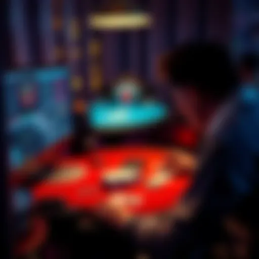 A person playing blackjack on a computer at home, with cards and chips visible
