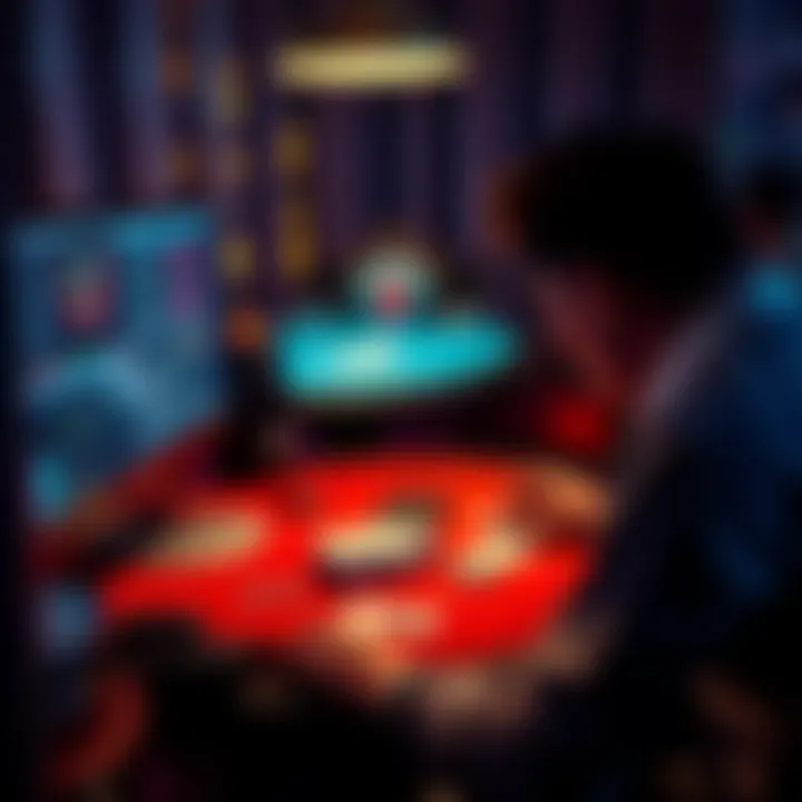 A person playing blackjack on a computer at home, with cards and chips visible