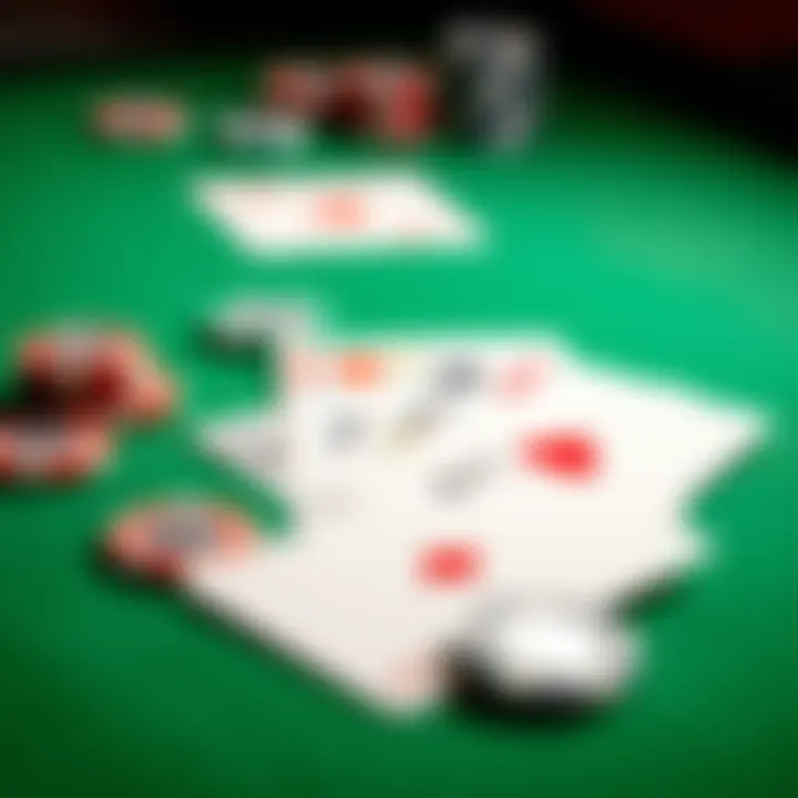 A close-up of playing cards and chips on a green felt table, showcasing a game of online blackjack with a focus on card patterns
