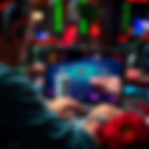 A player enjoying an online blackjack game on a laptop, with playing cards and chips visible on the screen.