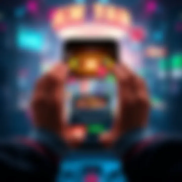 A phone displaying an online casino game with worried hands hovering over it, symbolizing accessibility and addiction risks.