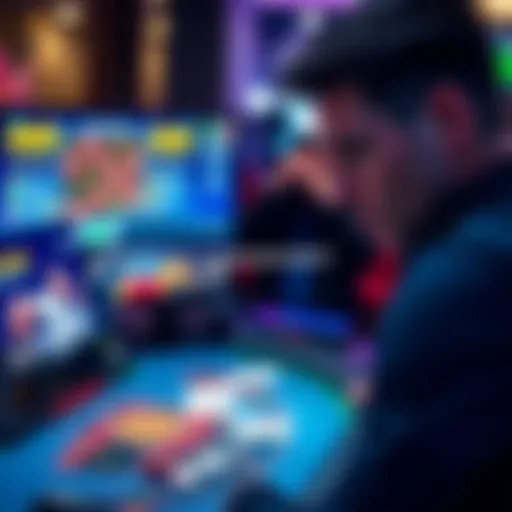 A concerned player looking at a computer screen displaying online casino games, with a Blackjack table in focus and a warning message about account suspension.