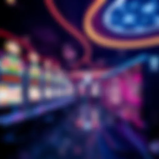A futuristic depiction of an online casino with digital slot machines and a secure network symbol, representing new laws and technologies in gaming.