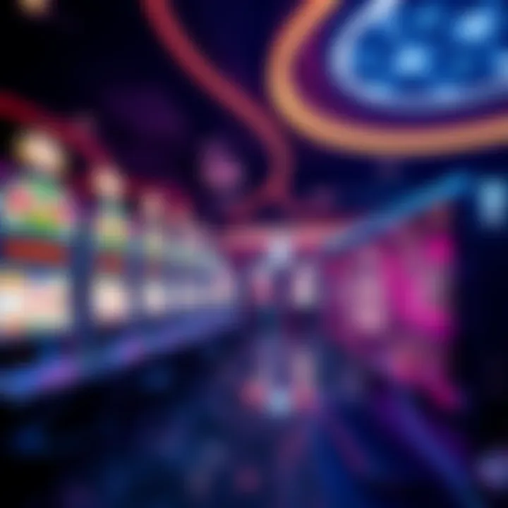 A futuristic depiction of an online casino with digital slot machines and a secure network symbol, representing new laws and technologies in gaming.