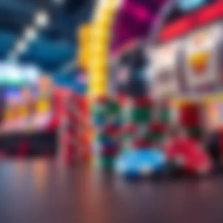 Colorful casino chips stacked beside a slot machine with bright lights