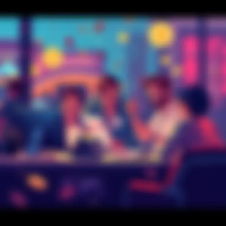 Illustration showing people gathered around a computer, excitedly learning about online casinos, with elements of cryptocurrency and streaming in the background.