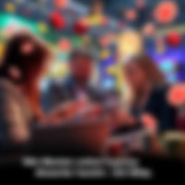 People discussing online casinos with a laptop and a smartphone, surrounded by casino-themed graphics and icons.