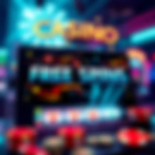 A graphic showing a vibrant online casino interface featuring free spins promotion, with a slot machine and colorful bonuses displayed.