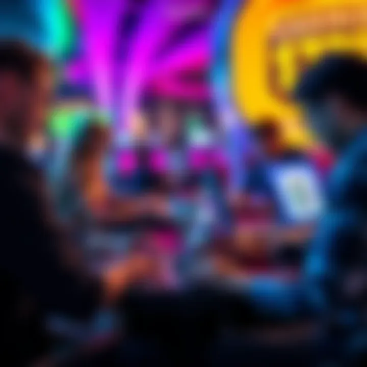 A group of people playing various casino games on their laptops, with cash and chips in view.