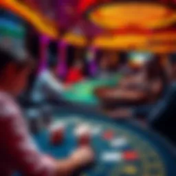 A vibrant scene of people playing blackjack and baccarat in an online casino setting, with colorful graphics and gaming chips.