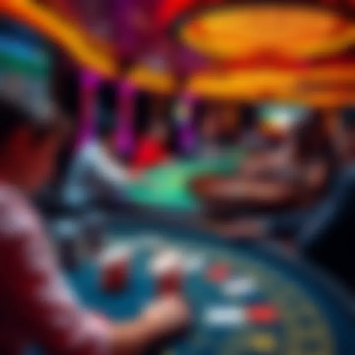 A vibrant scene of people playing blackjack and baccarat in an online casino setting, with colorful graphics and gaming chips.