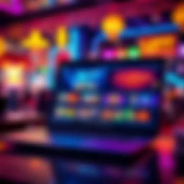 A laptop displaying various online casino games with colorful graphics and betting options